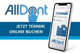 Banner Online Termin buchen mit AlllDent Logo und Handy mit Terminkalender